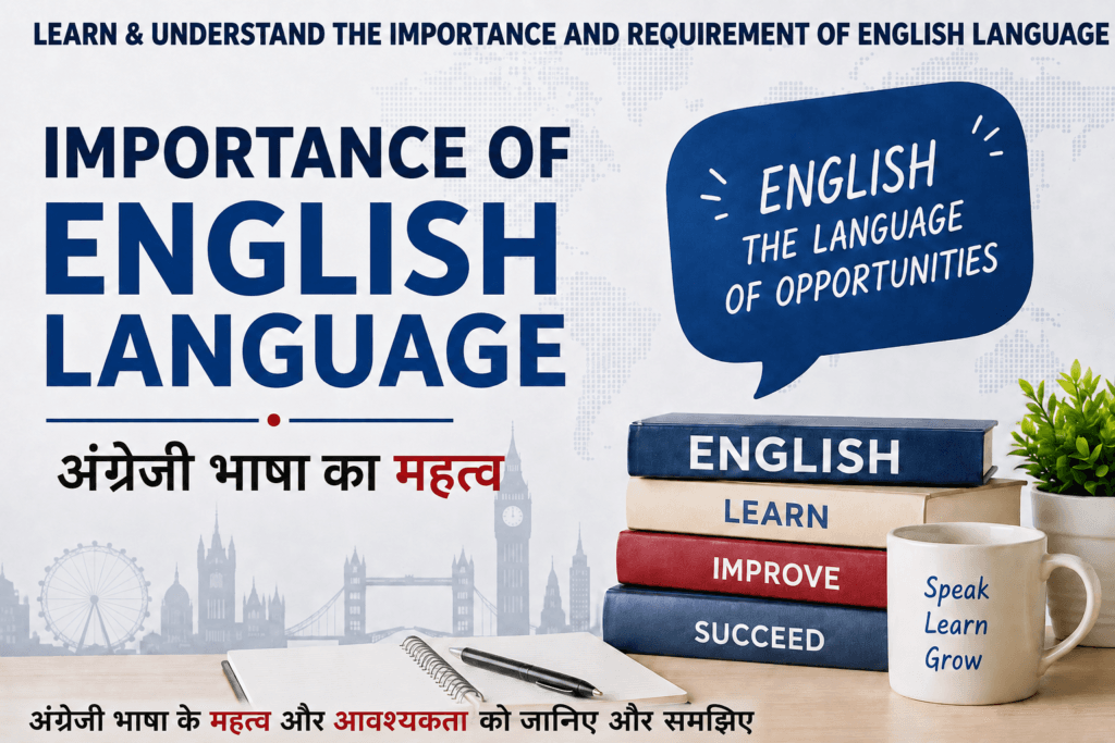 Importance of English Language featured image showing English learning books, study notebook, speech bubble with "English – The Language of Opportunities", and Hindi text "अंग्रेजी भाषा का महत्व" on a professional educational background.