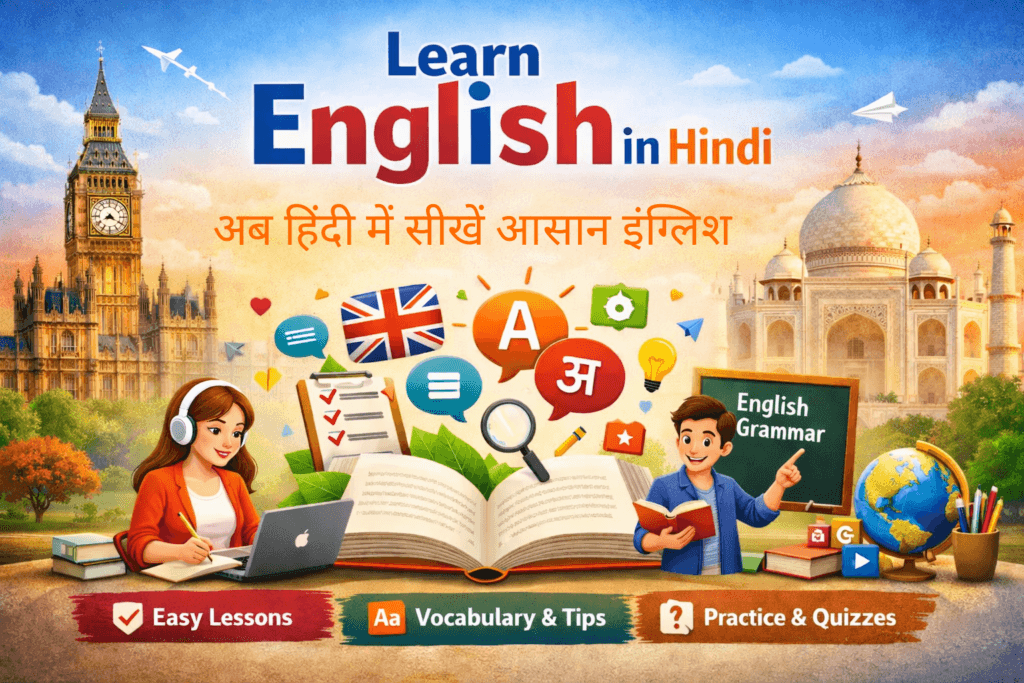 Illustration of learning English in Hindi with English grammar lessons, vocabulary tips, quizzes, books, Big Ben and Taj Mahal background for beginners.