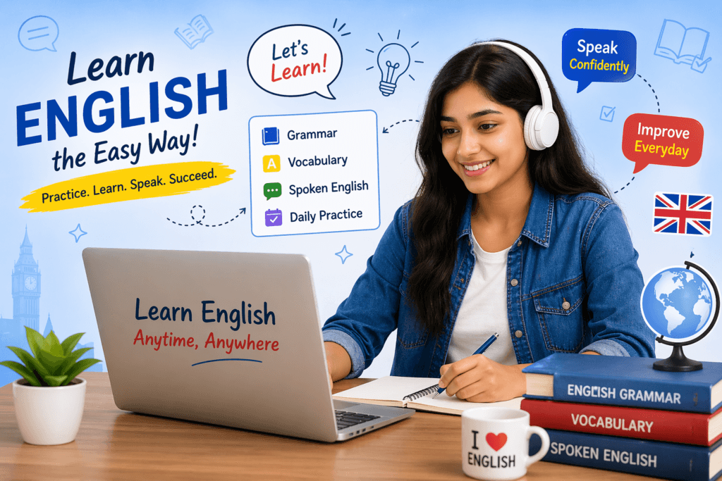 Young woman learning English online with laptop and headphones, studying grammar, vocabulary and spoken English from home for daily English speaking practice.