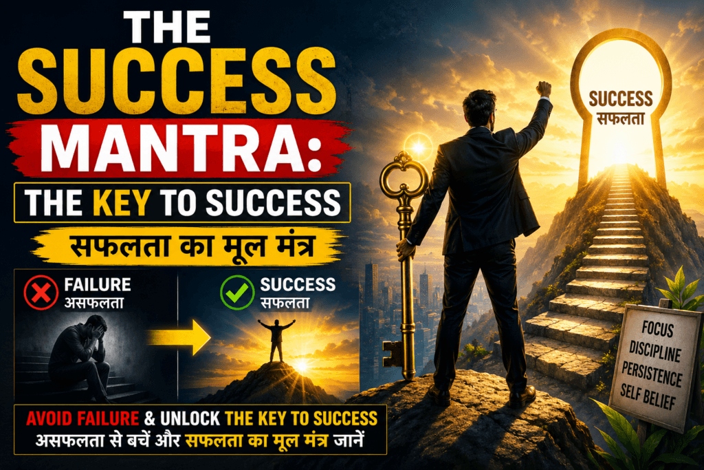 The Success Mantra featured image showing a businessman holding a golden key, moving from failure to success, with motivational steps leading to achievement and the message "Avoid Failure & Unlock the Key to Success | असफलता से बचें और सफलता का मूल मंत्र जानें".