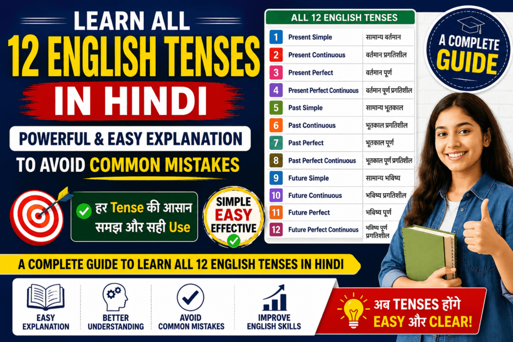 Learn All 12 English Tenses in Hindi with easy explanations, tense chart, examples, and grammar rules to avoid common mistakes and improve spoken English skills.