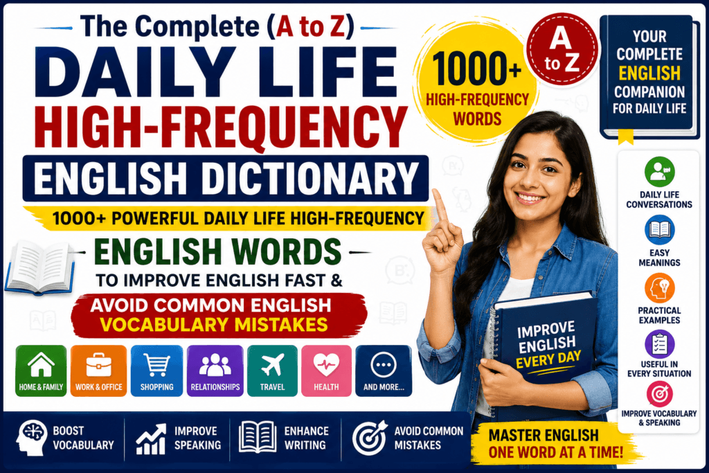 The Complete A to Z Daily Life High-Frequency English Dictionary featuring 1000+ powerful daily English words, vocabulary improvement tips, English speaking practice, and common vocabulary mistakes to avoid.
