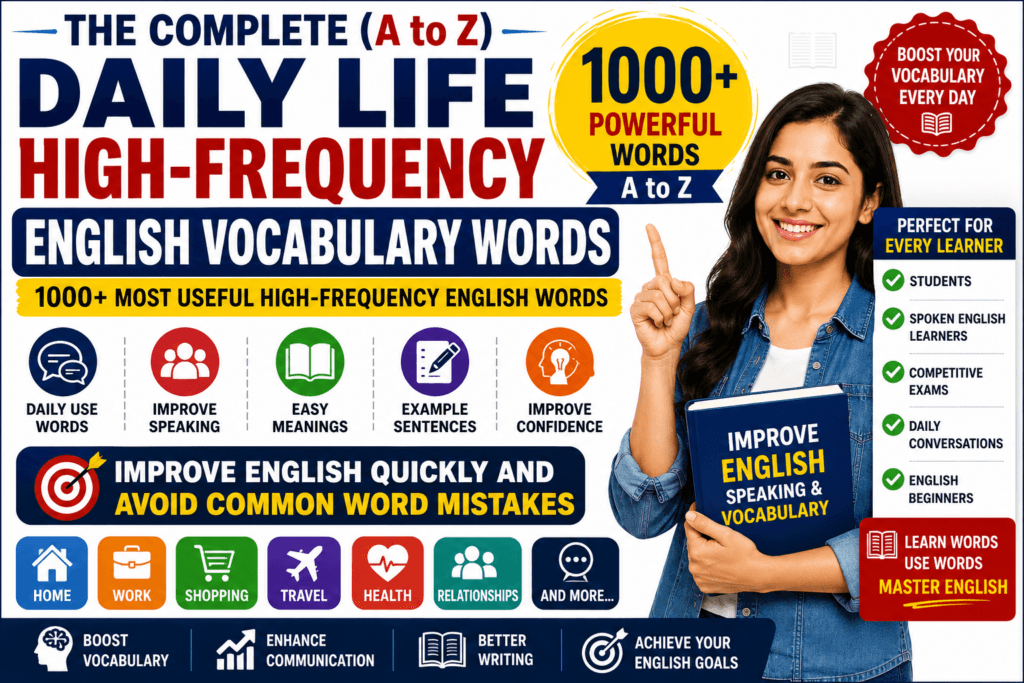 Featured image for The Complete A to Z Daily Life High-Frequency English Vocabulary Words guide featuring 1000+ most useful English vocabulary words, daily-use English terms, speaking improvement tips, and common word mistakes to avoid.