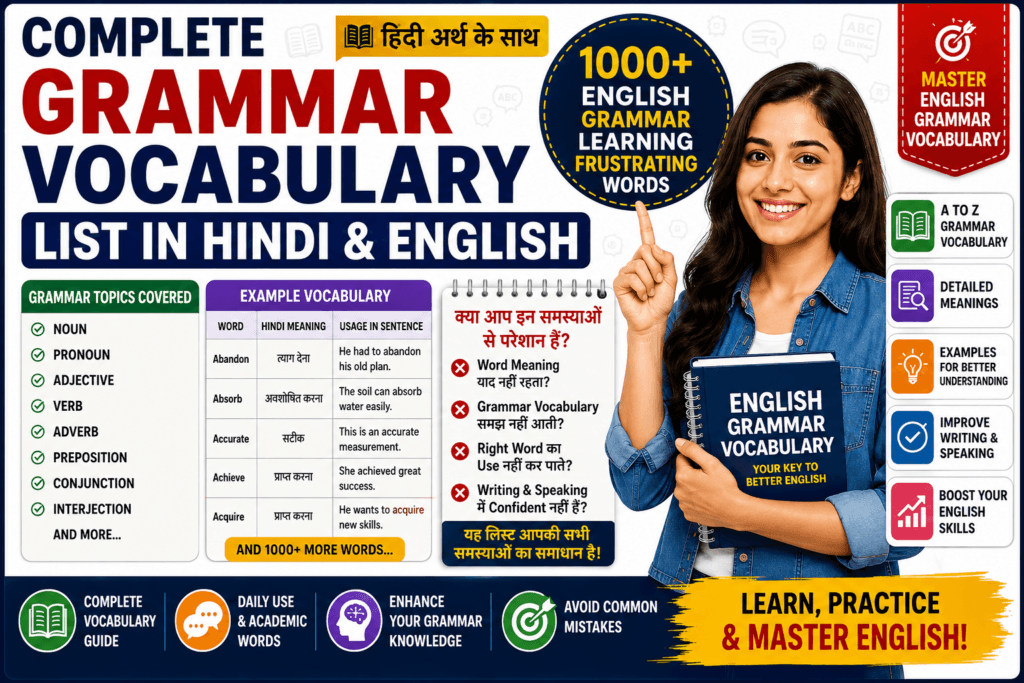 Complete Grammar Vocabulary List in Hindi and English featuring 1000+ English grammar learning words, Hindi meanings, vocabulary examples, grammar topics, and common English learning mistakes.