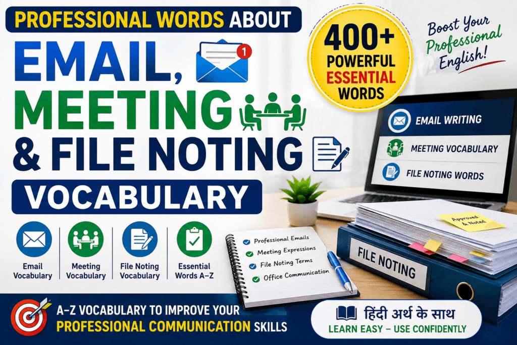 Professional Words about Email, Meeting & File Noting Vocabulary: 400+ Powerful Essential Words (A–Z) 1 Professional Words About Email Meeting and File Noting Vocabulary 400+ Essential Words A-Z with Hindi Meaning